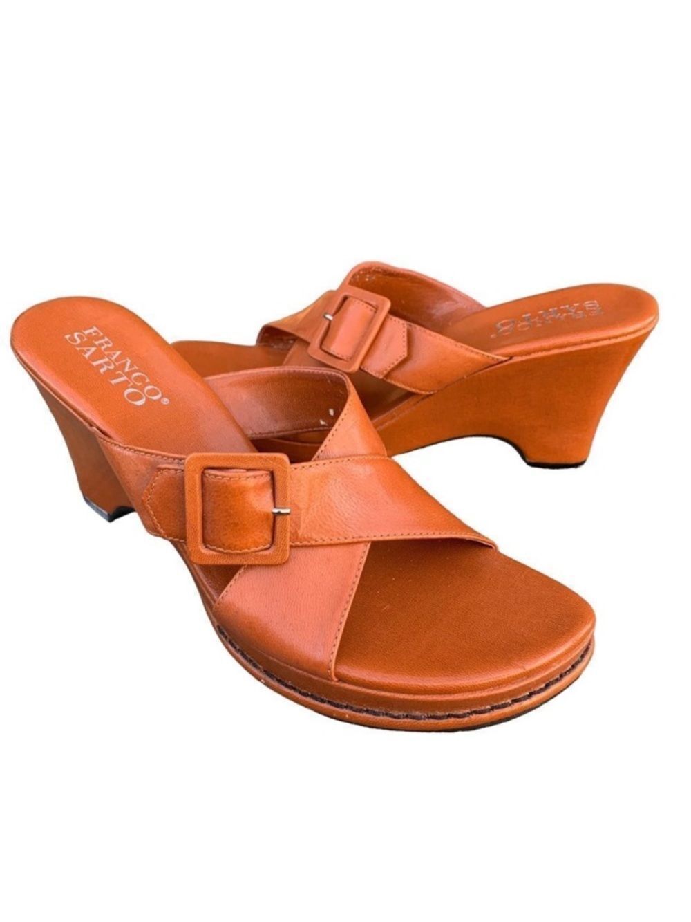 Franco Sarto Orange/tan Heels Pumps Statement Shoe Heeled Sandals Buckle 10